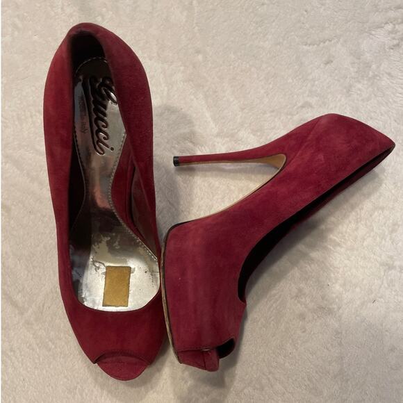 GUCCI Women's Suede Peep Toe Platform Pumps Size 37 Burgundy Stiletto Heel - Picture 4 of 9
